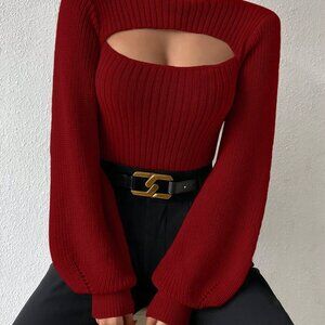 Red Casual Women's Turtleneck Long Sleeve Hollow Out Sweater